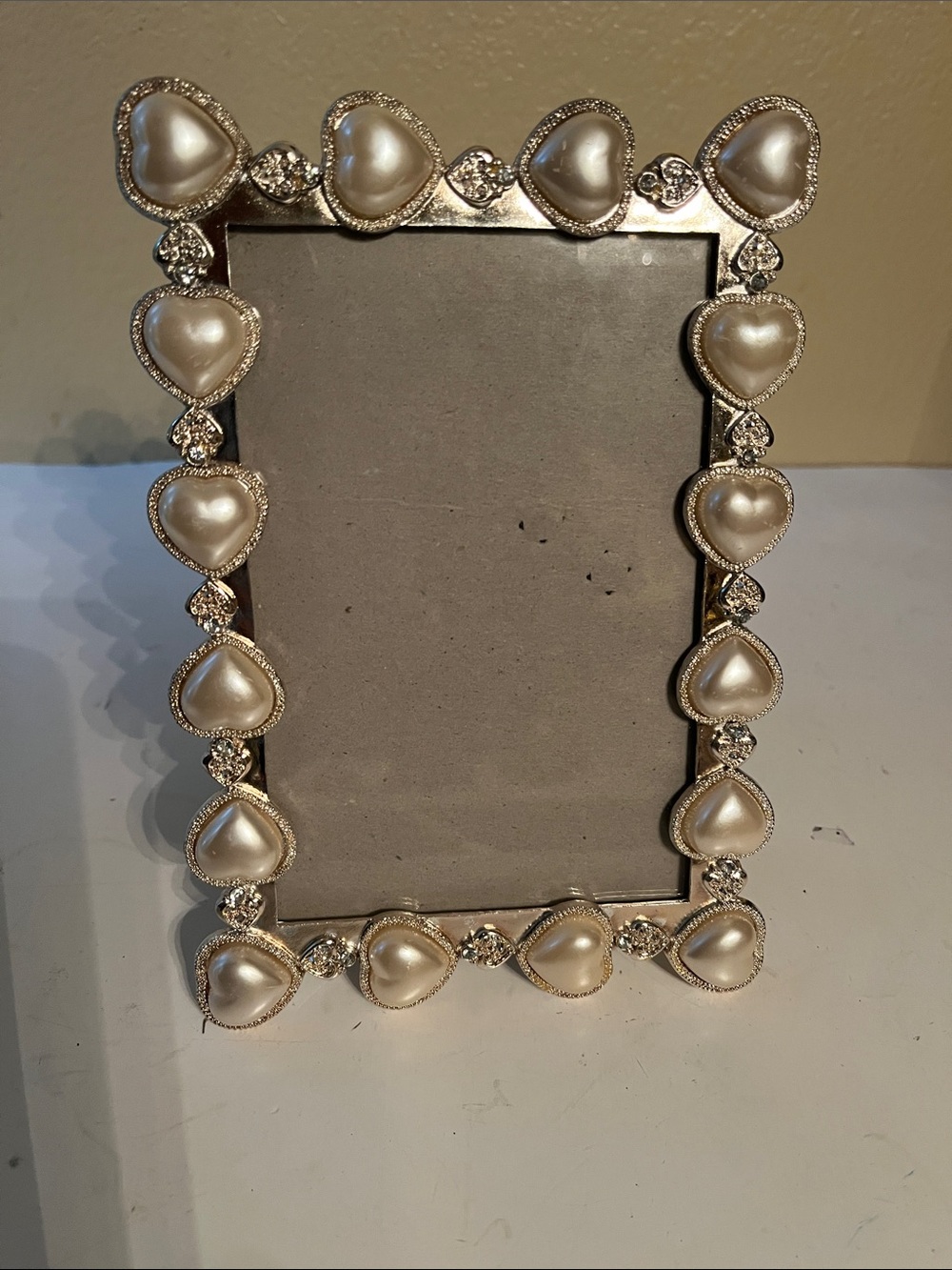 Elegant, faux pearl and heart accent ornate Silvertone picture frame